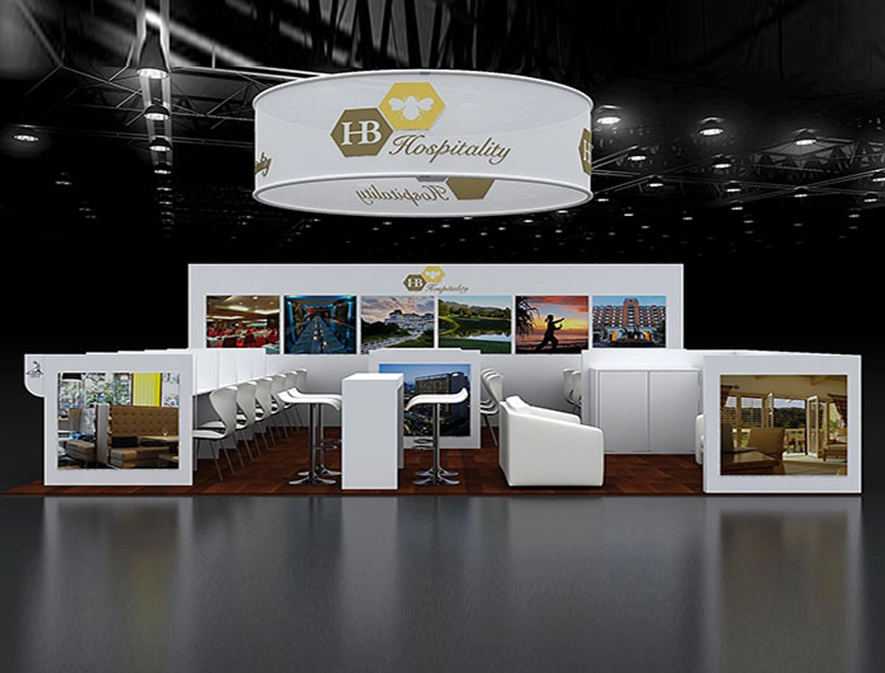 Exhibit booth 30x30 with LED signage and counters